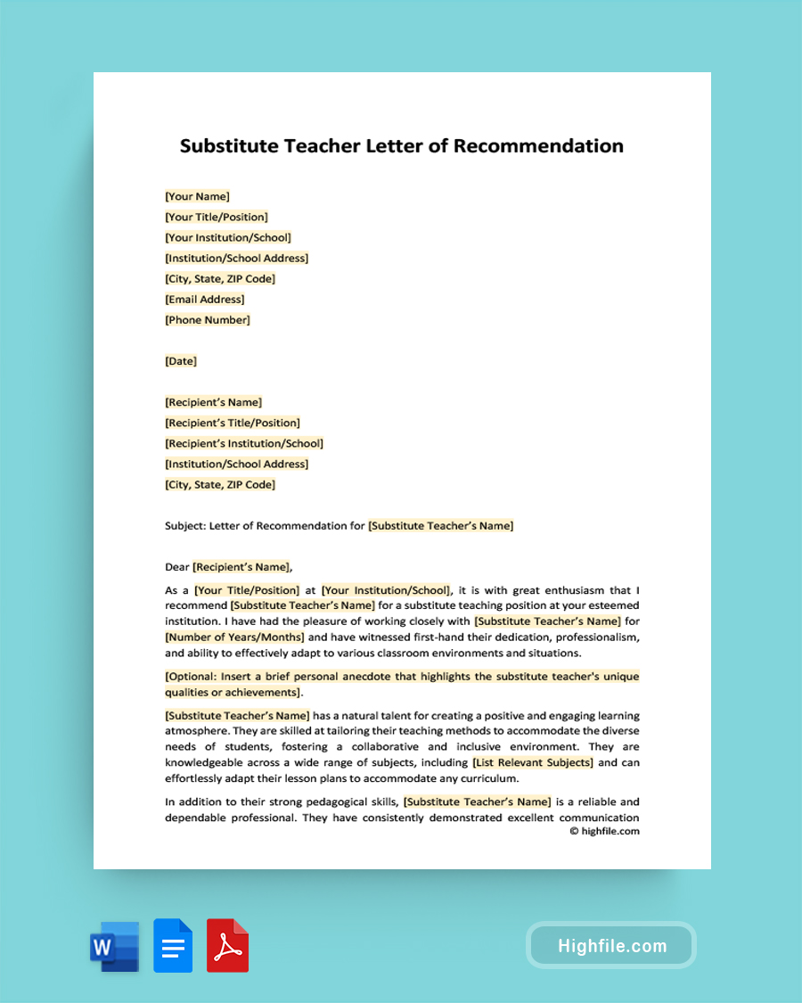 Substitute Teacher Letter of Recommendation - Word, Google Docs, PDF