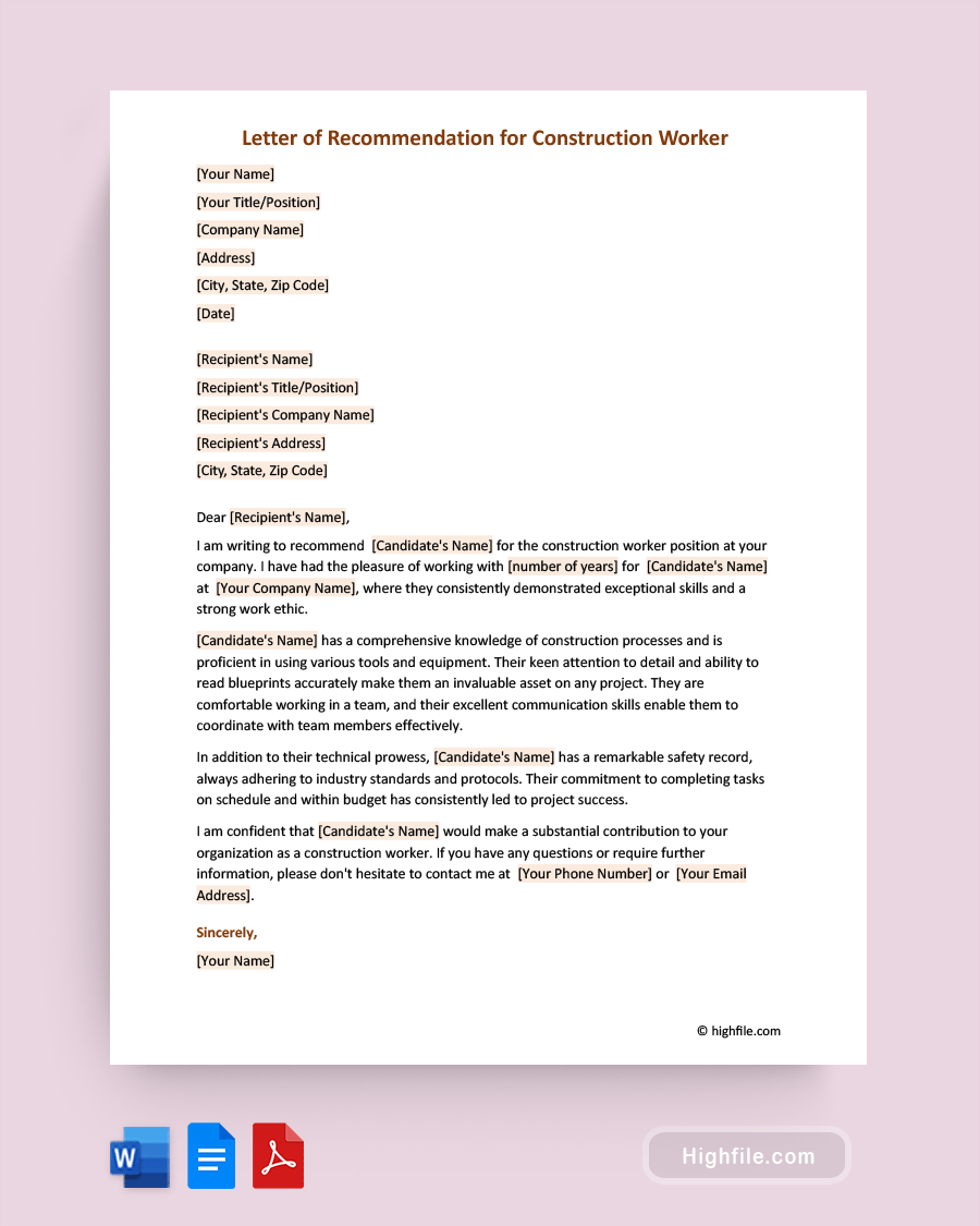 Letter of Recommendation for Construction Worker - Word, Pdf, Google Docs