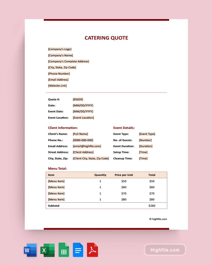 Catering Quote Template - Word, Google Docs, Google Sheets, Excel, PDF