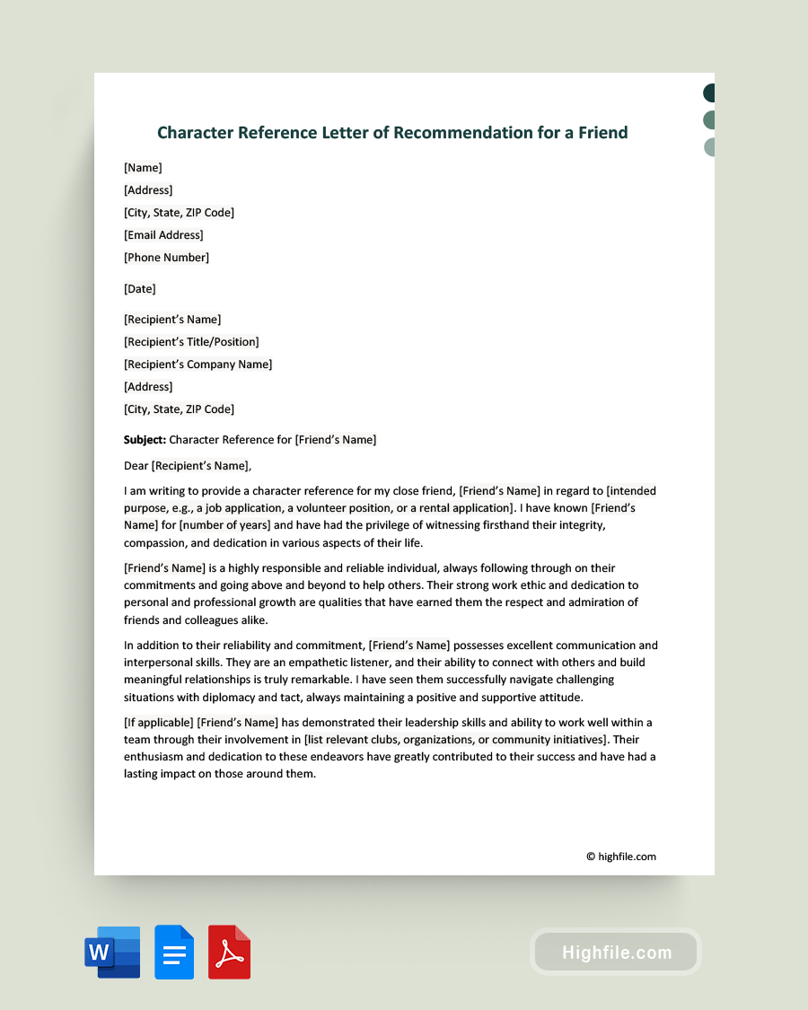 Character Reference Letter of Recommendation for a Friend - Word, PDF, Google Docs