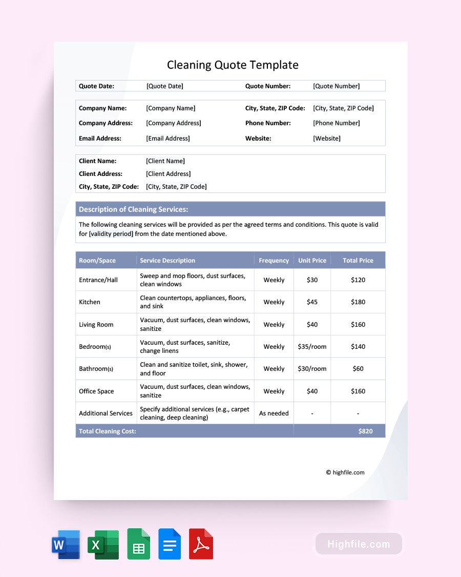 Cleaning Quote Template - Word, Excel, PDF, Google Docs, Google Sheets