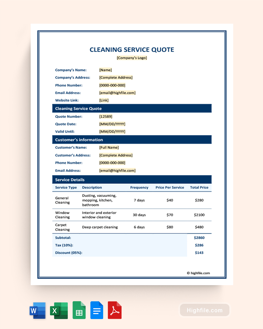 Cleaning Service Quote Template - Word, Google Docs, Google Sheets, Excel, PDF