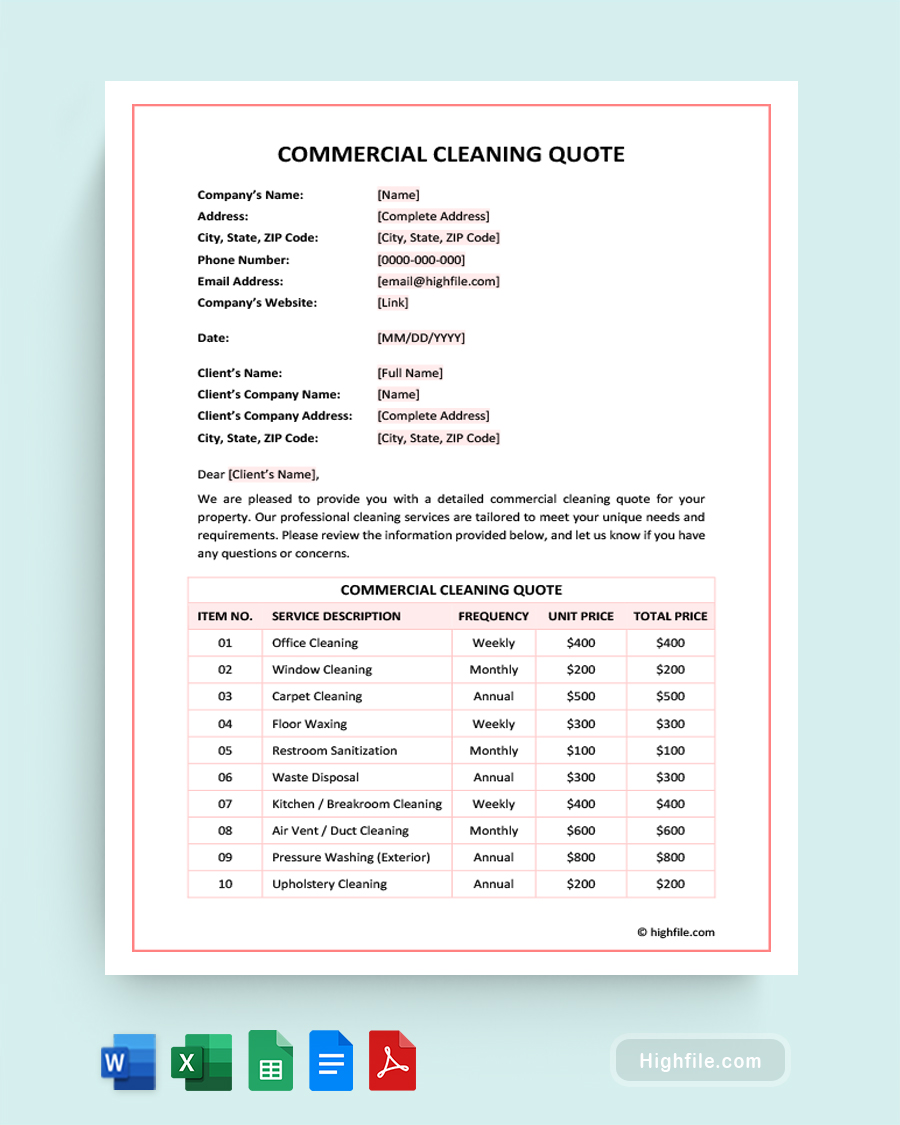 Commercial Cleaning Quote Template - Word, Google Docs, Google Sheets, Excel, PDF