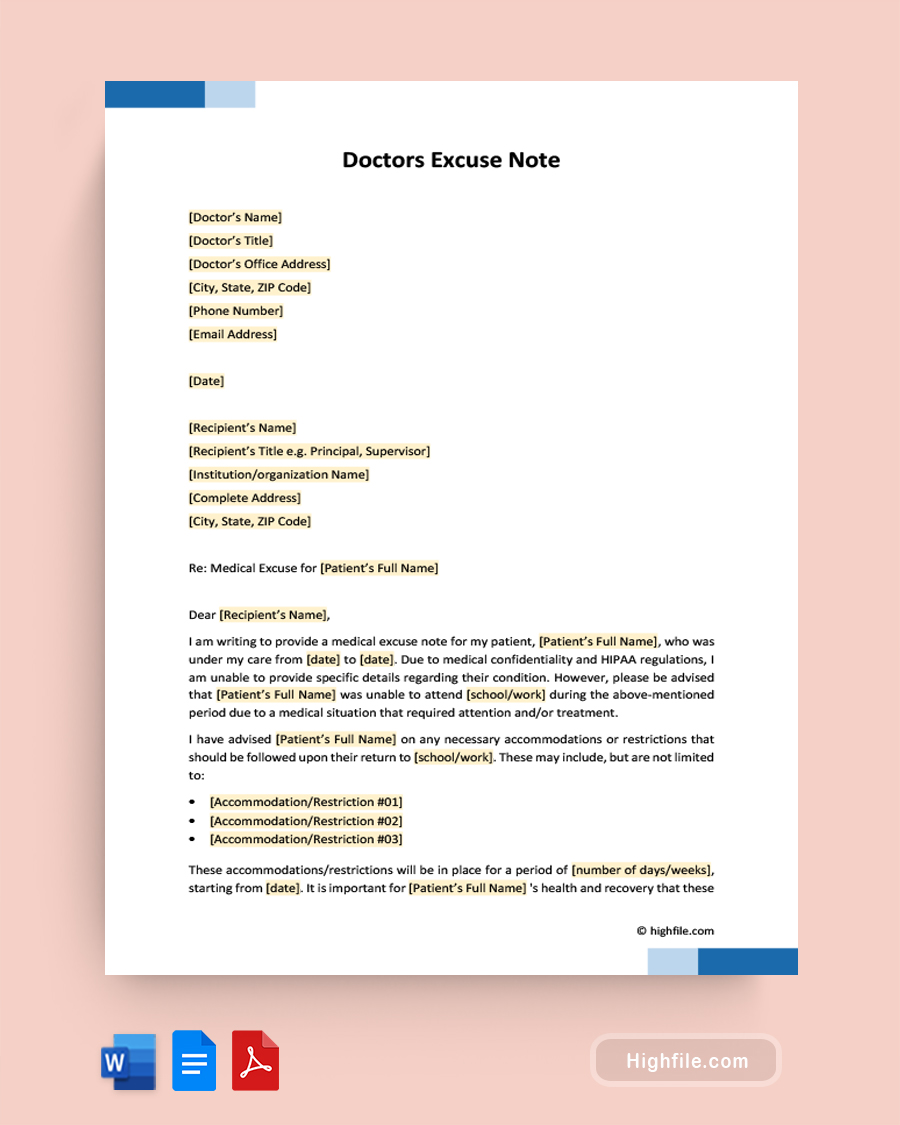 Doctors Excuse Note Template - Word, Google Docs, PDF