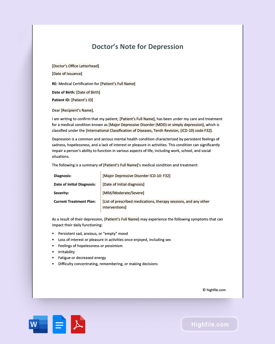 Doctor’s Note for Depression - Word, PDF, Google Docs