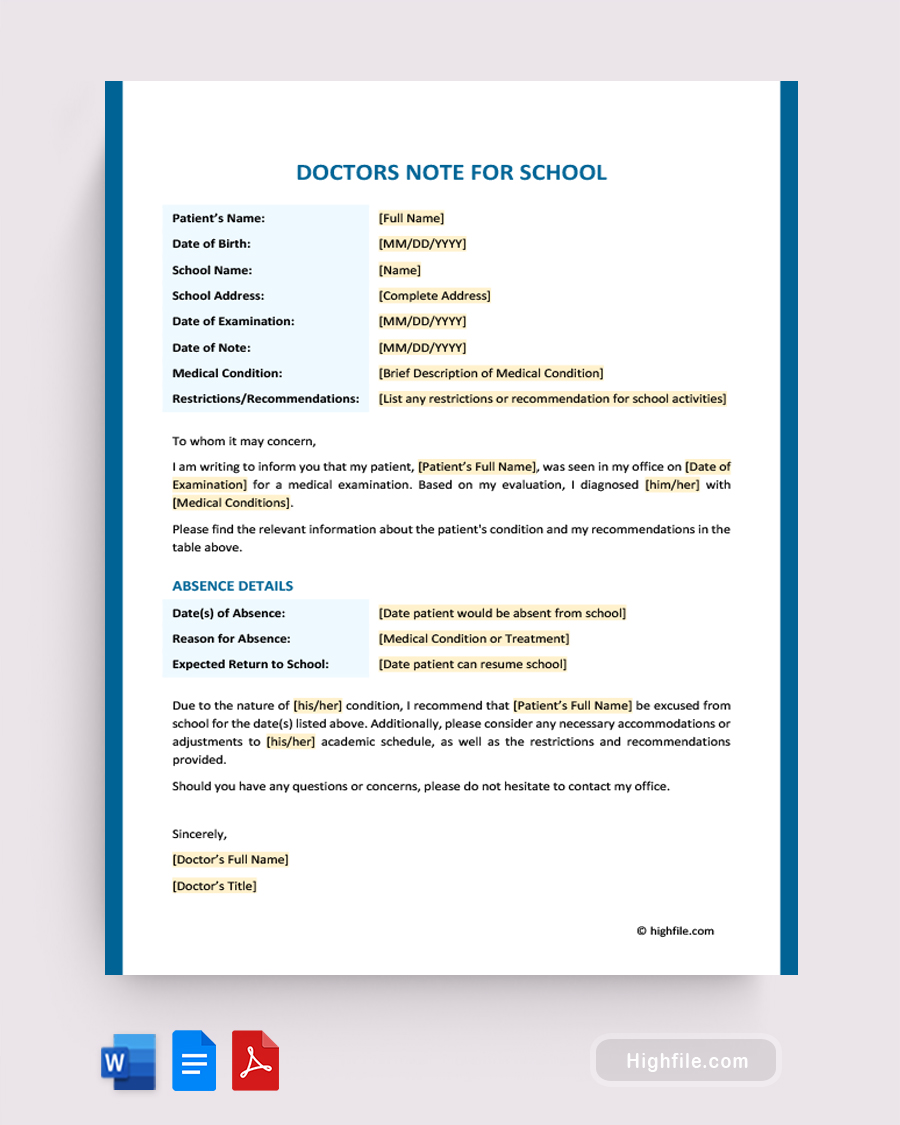 Doctors Note for School - Word, Google Docs, PDF
