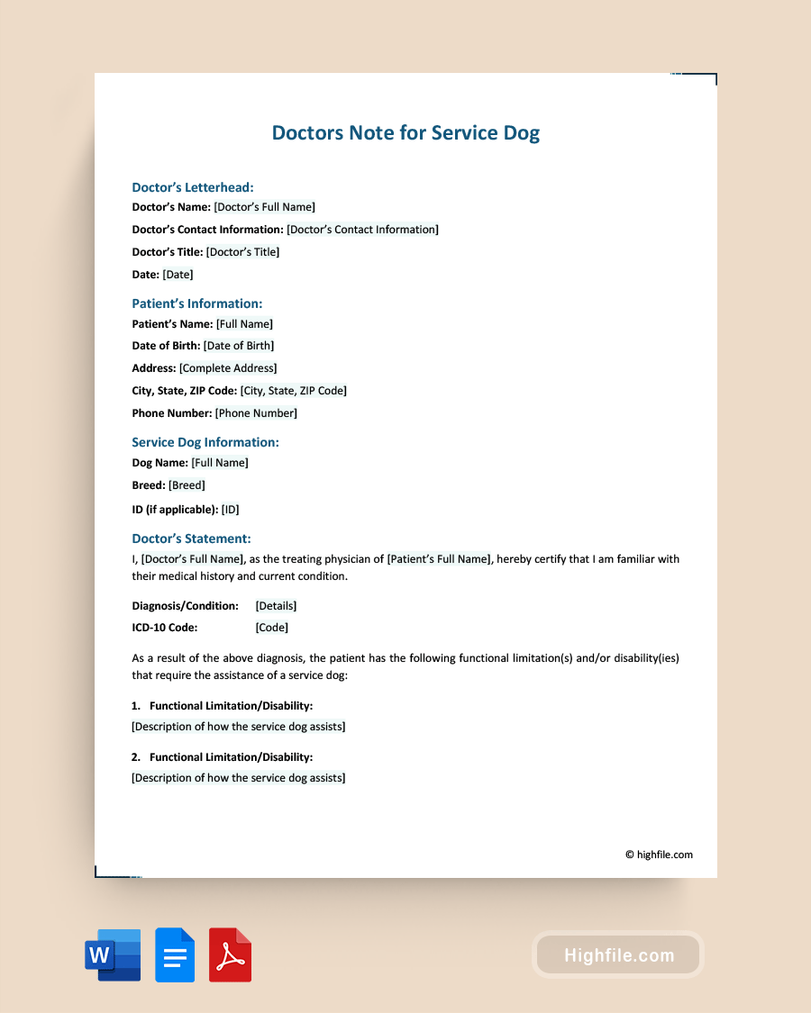 Doctors Note for Service Dog - Word, Google Docs, PDF