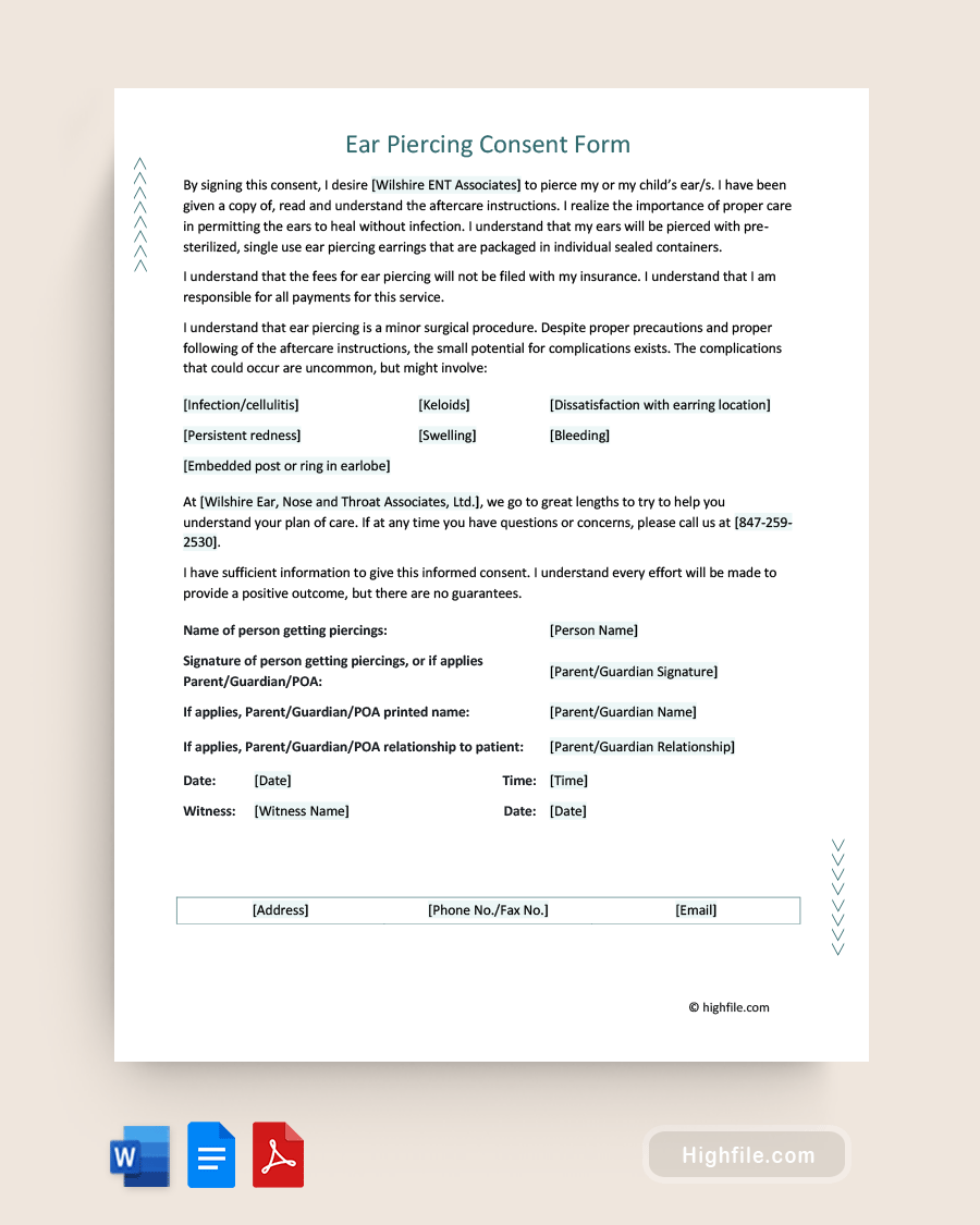 Ear Piercing Consent Form - Word, PDF, Google Docs