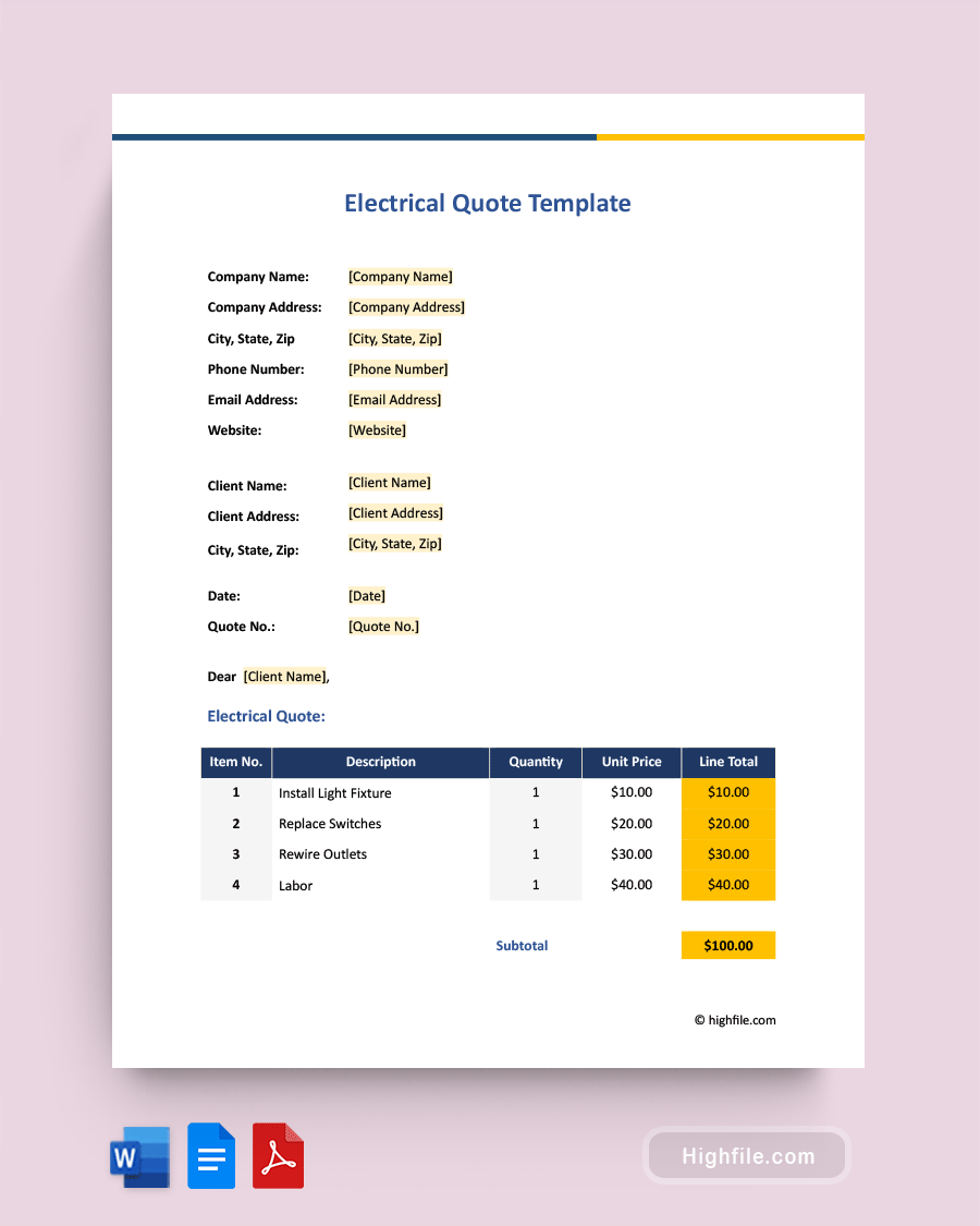 Electrical Quote Template- Word, Pdf, Google Docs, Excel, Google Sheets