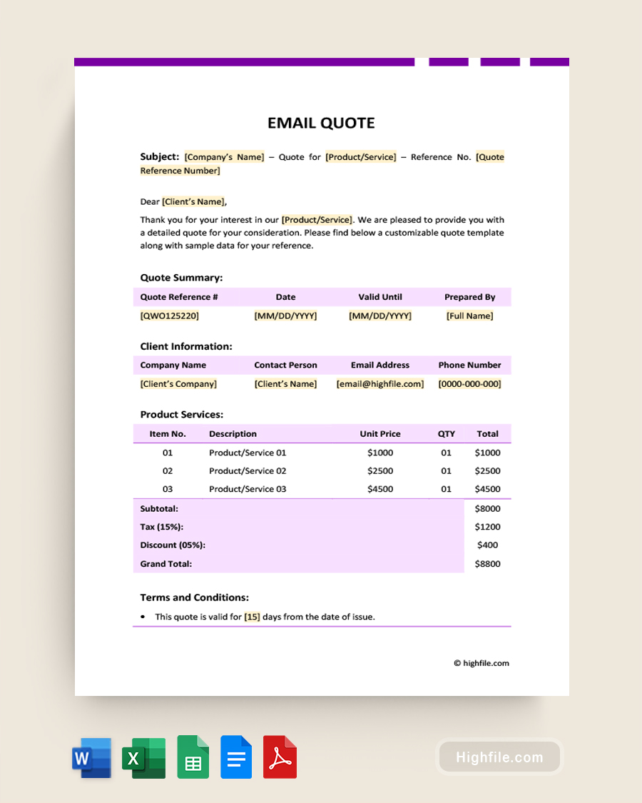 Email Quote Template - Word, Google Docs, Google Sheets, Excel, PDF