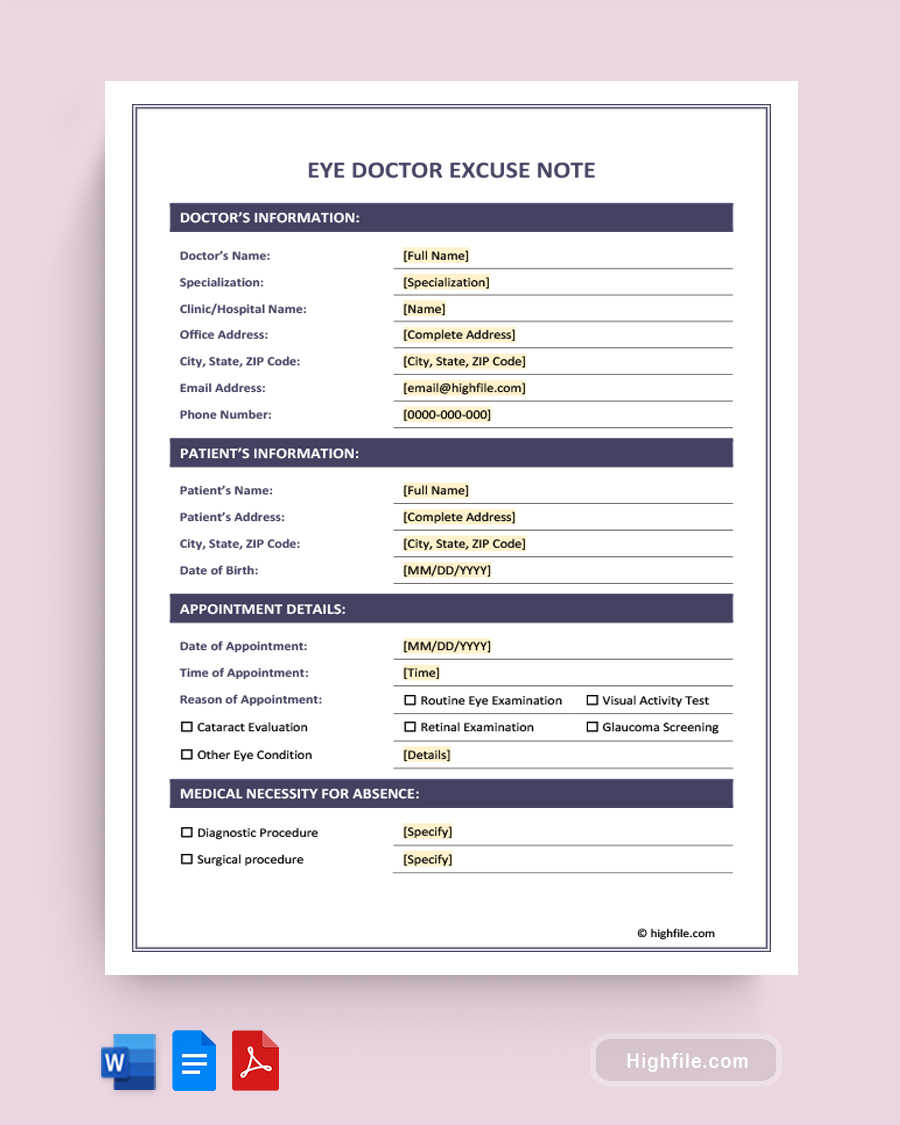 Eye Doctor Excuse Note - Word, Google Docs, PDF