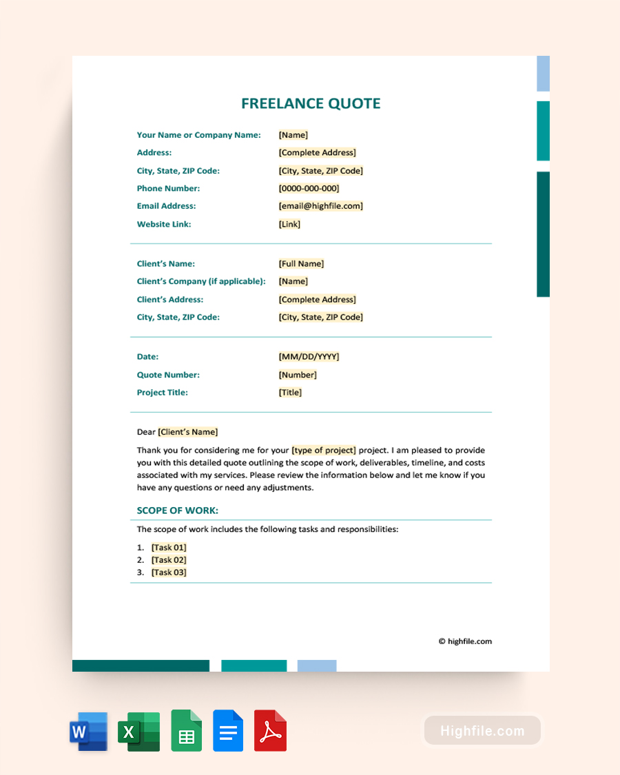 Freelance Quote Template - Word, Google Docs, Google Sheets, Excel, PDF