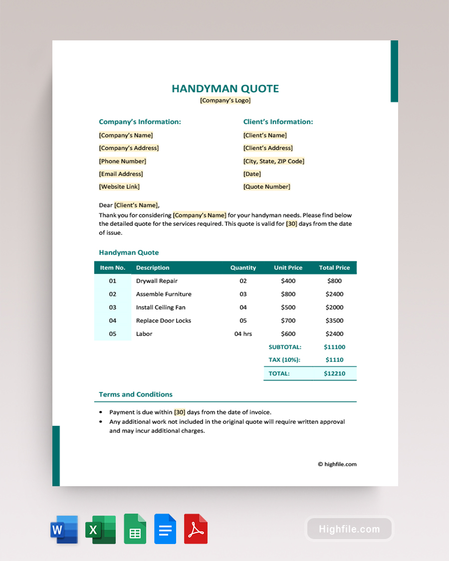 Handyman Quote Template - Word, Google Docs, Google Sheets, Excel, PDF