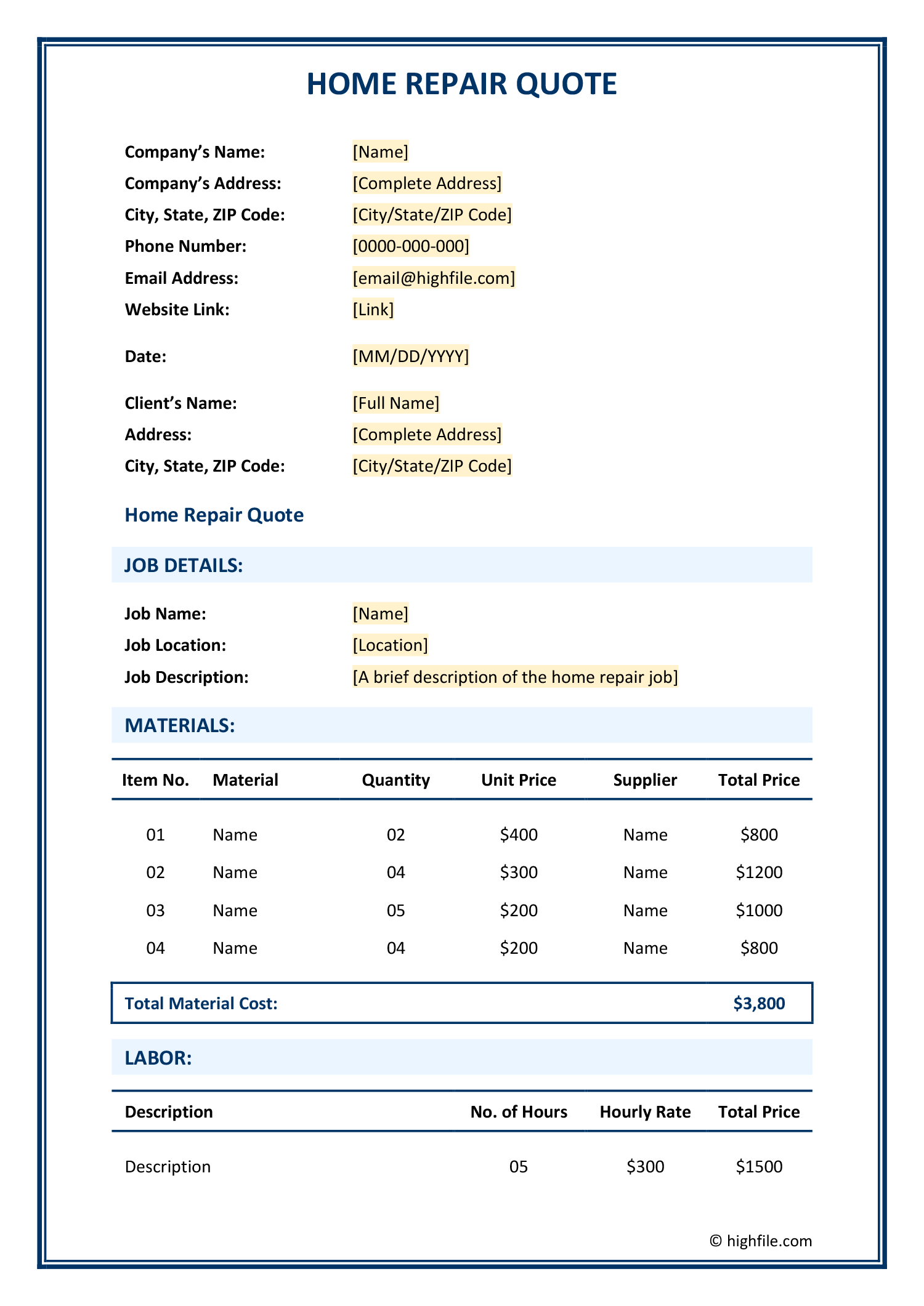 Home Repair Quote Template Word Excel PDF Google Docs Google Home Repair Quote Template Word Excel PDF Google Docs Google