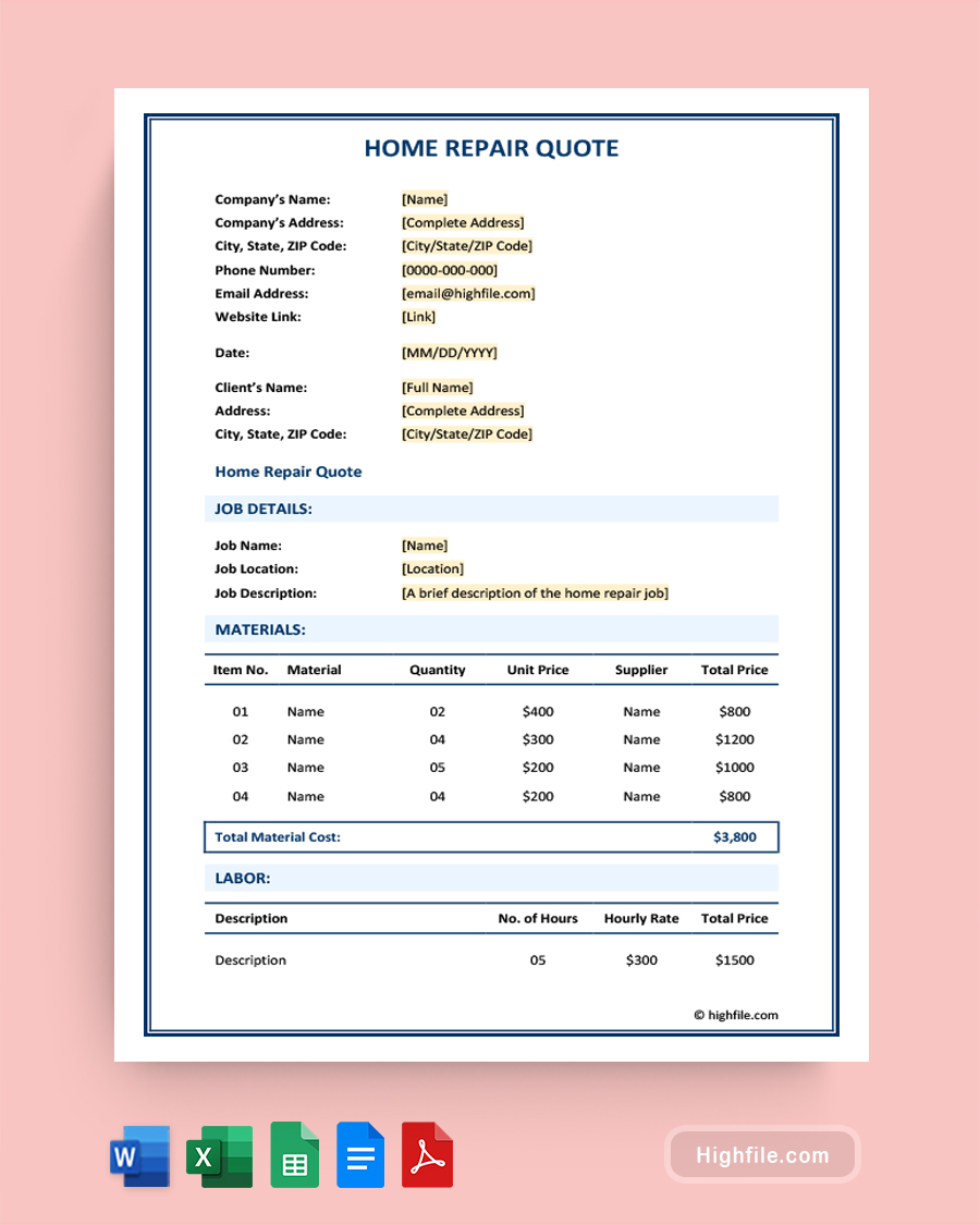 Home Repair Quote Template - Word, Google Docs, Google Sheets, Excel, PDF