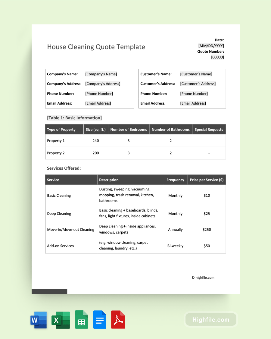 House Cleaning Quote Template - Word, Excel, PDF, Google Docs, Google Sheets