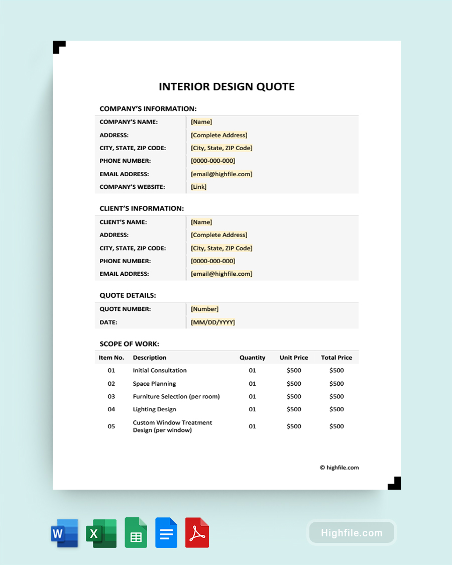 Interior Design Quote Template - Word, Google Docs, Google Sheets, Excel, PDF
