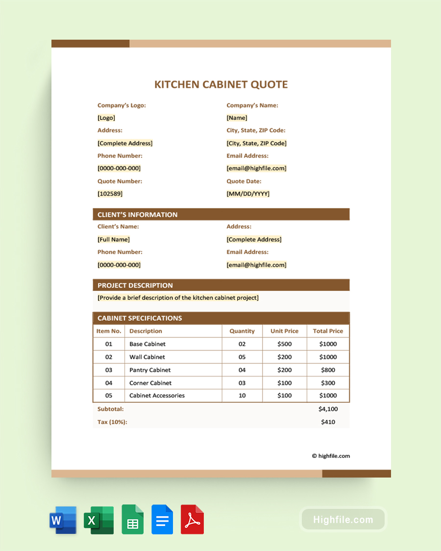 Kitchen Cabinet Quote Template - Word, Google Docs, Google Sheets, Excel, PDF