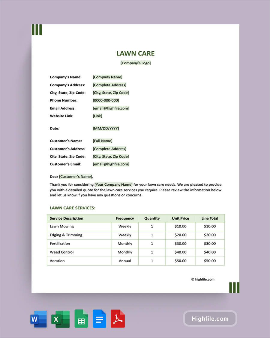 Lawn Care Quote Template - Word, Google Docs, Google Sheets, Excel, PDF