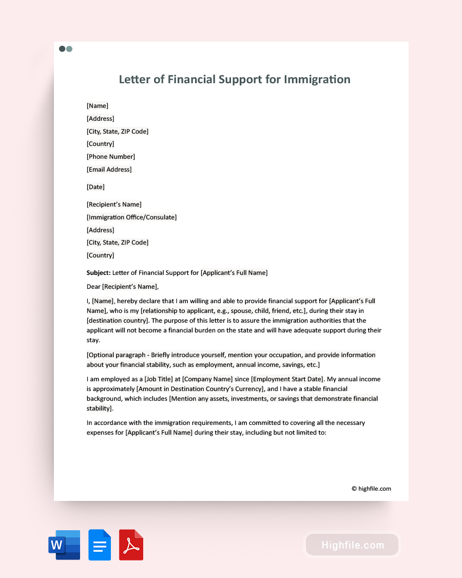 Letter of Financial Support for Immigration - Word, PDF, Google Docs