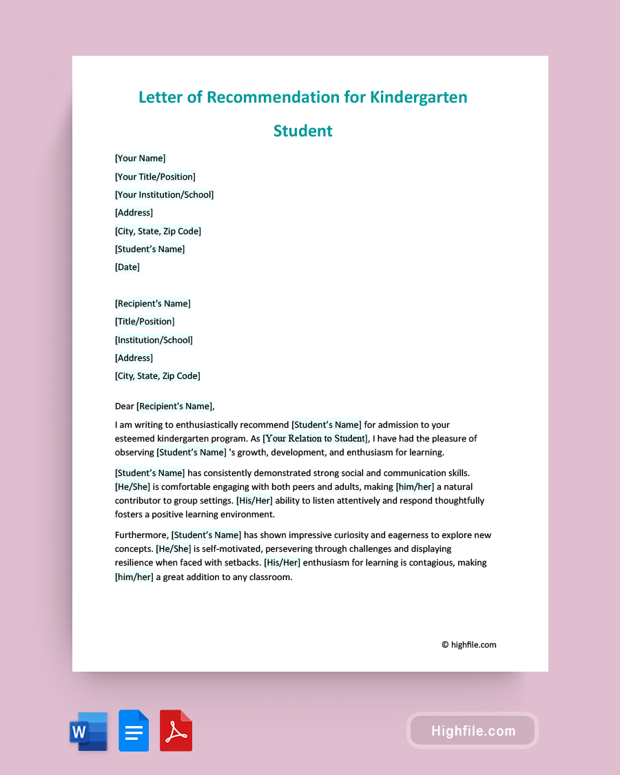 Letter of Recommendation for Kindergarten Student - Word, PDF, Google Docs