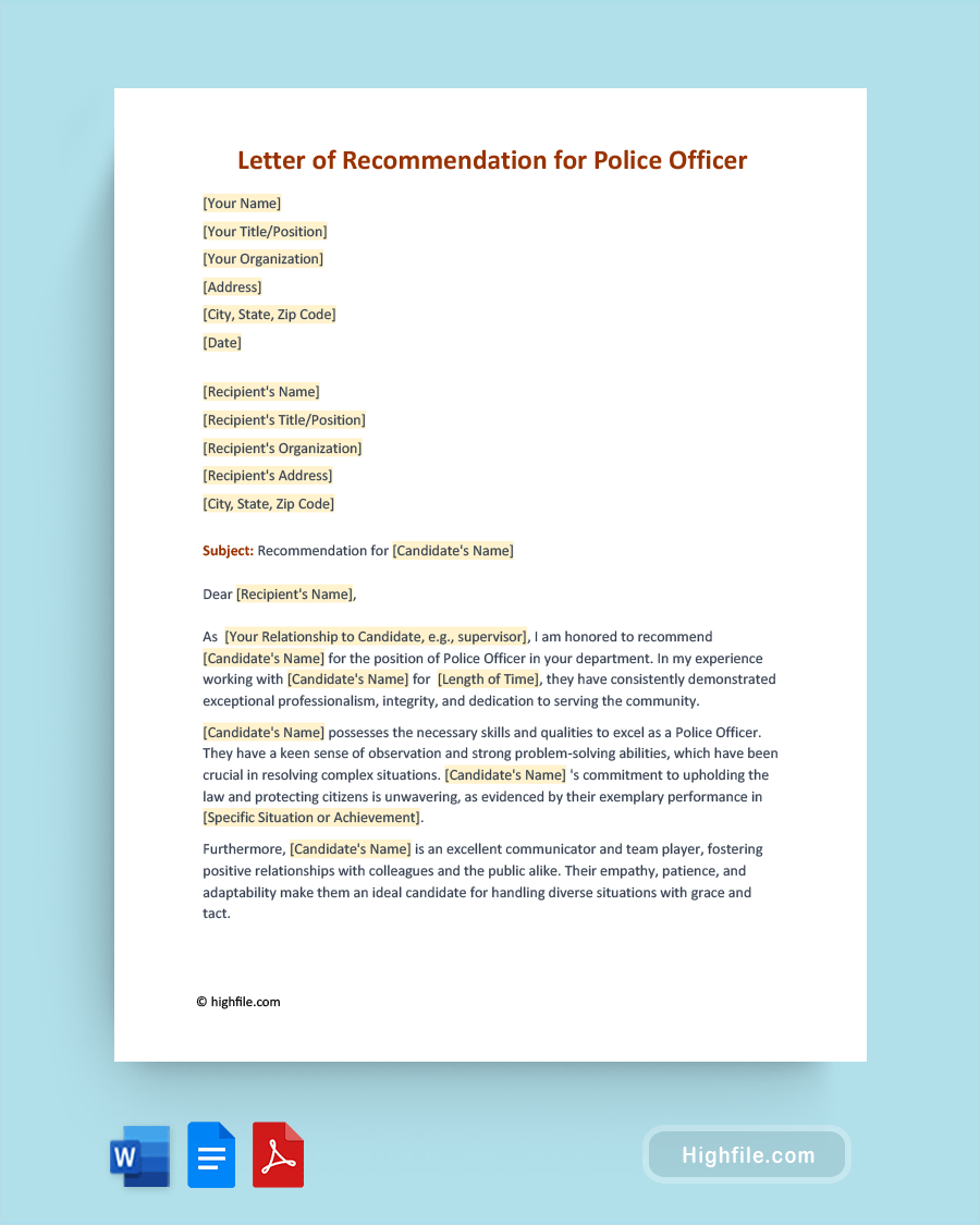 Letter of Recommendation for Police Officer - Word, PDF, Google Docs