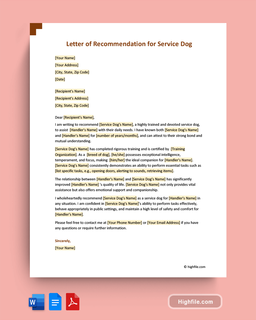 Letter of Recommendation for Service Dog - Word, Pdf, Google Docs