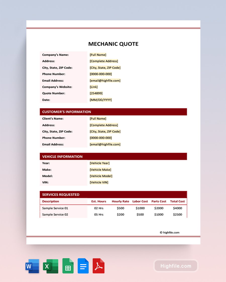 Mechanic Quote Template - Word, Google Docs, Google Sheets, Excel, PDF