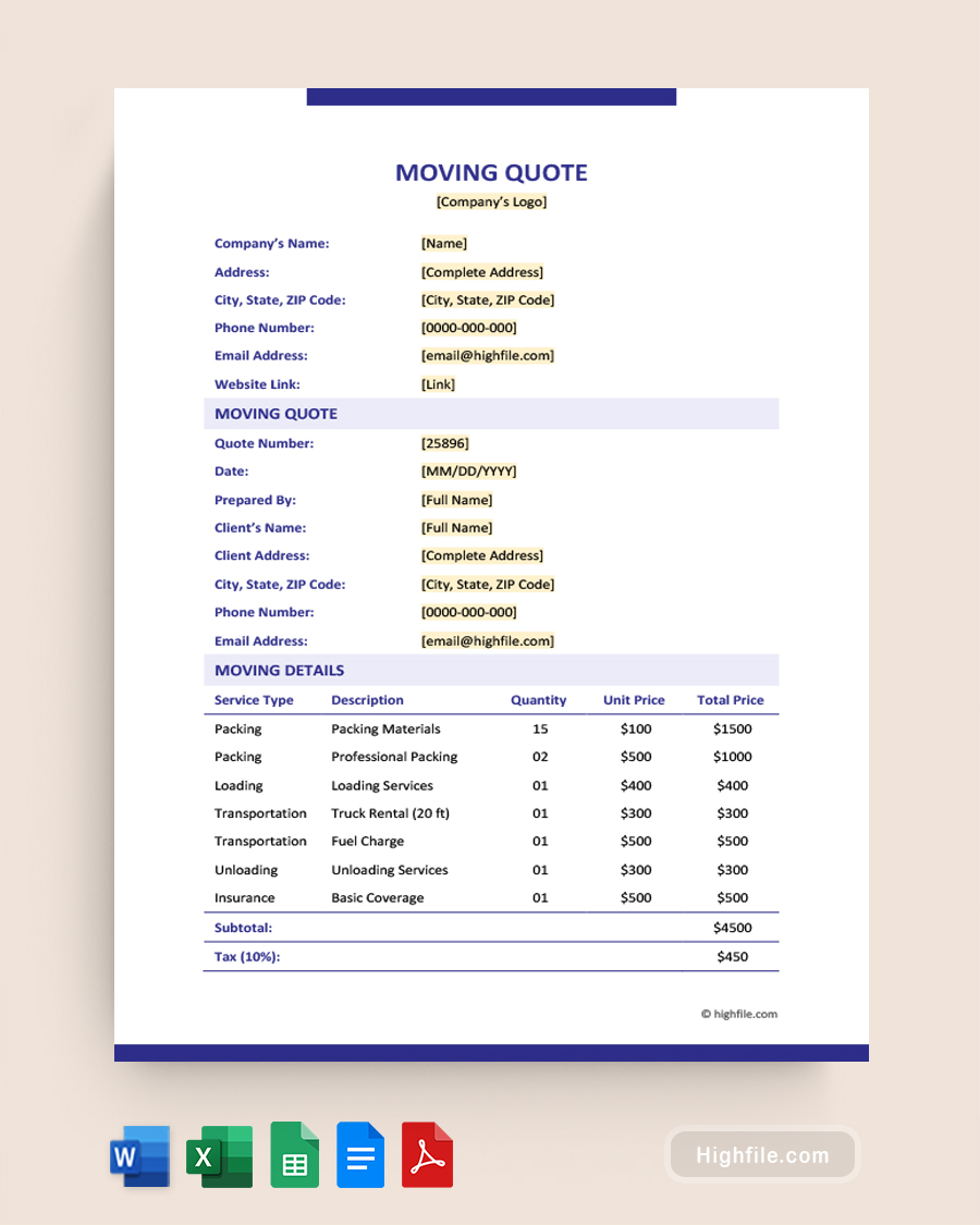 Moving Quote Template - Word, Google Docs, Google Sheets, Excel, PDF