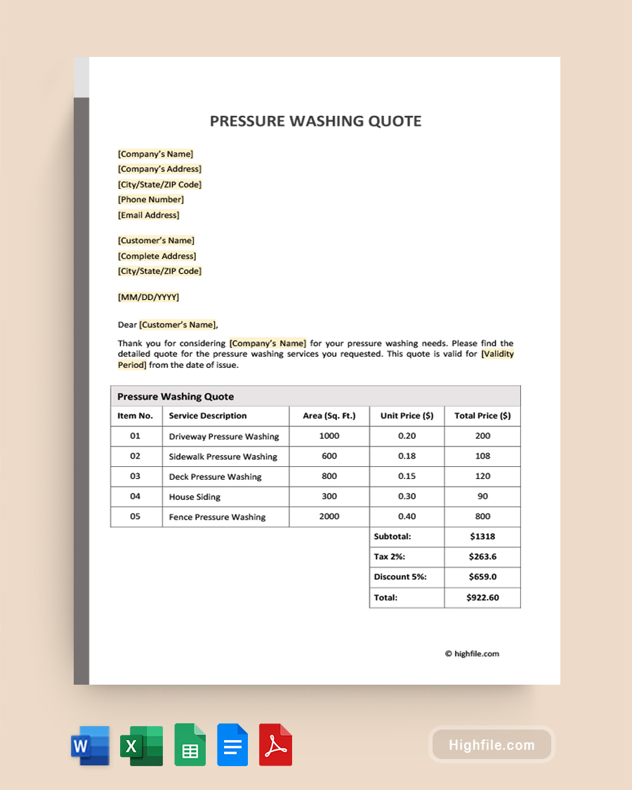 Pressure Washing Quote Template - Word, Google Docs, Google Sheets, Excel, PDF