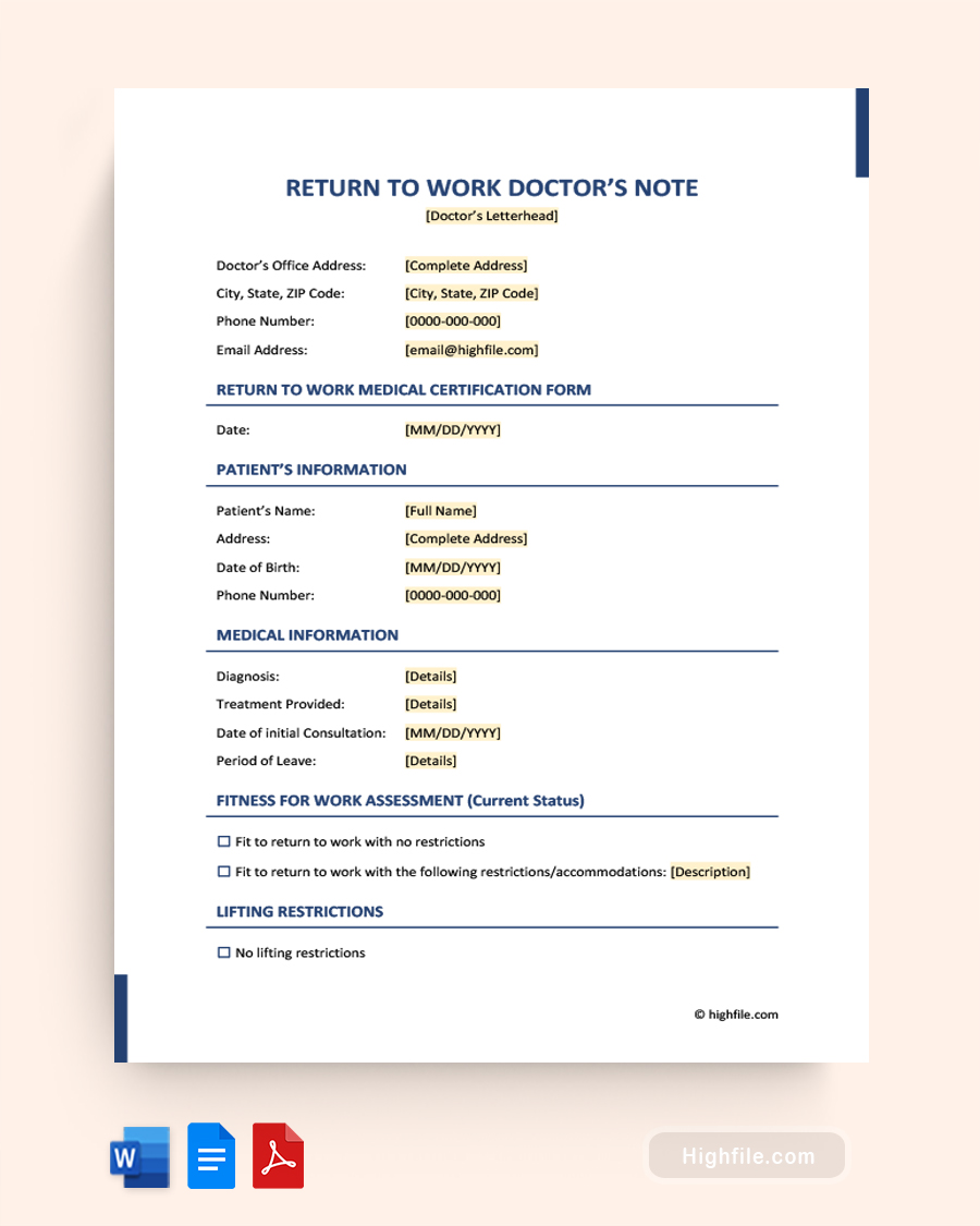 Return To Work Doctors Note - Word, Google Docs, PDF