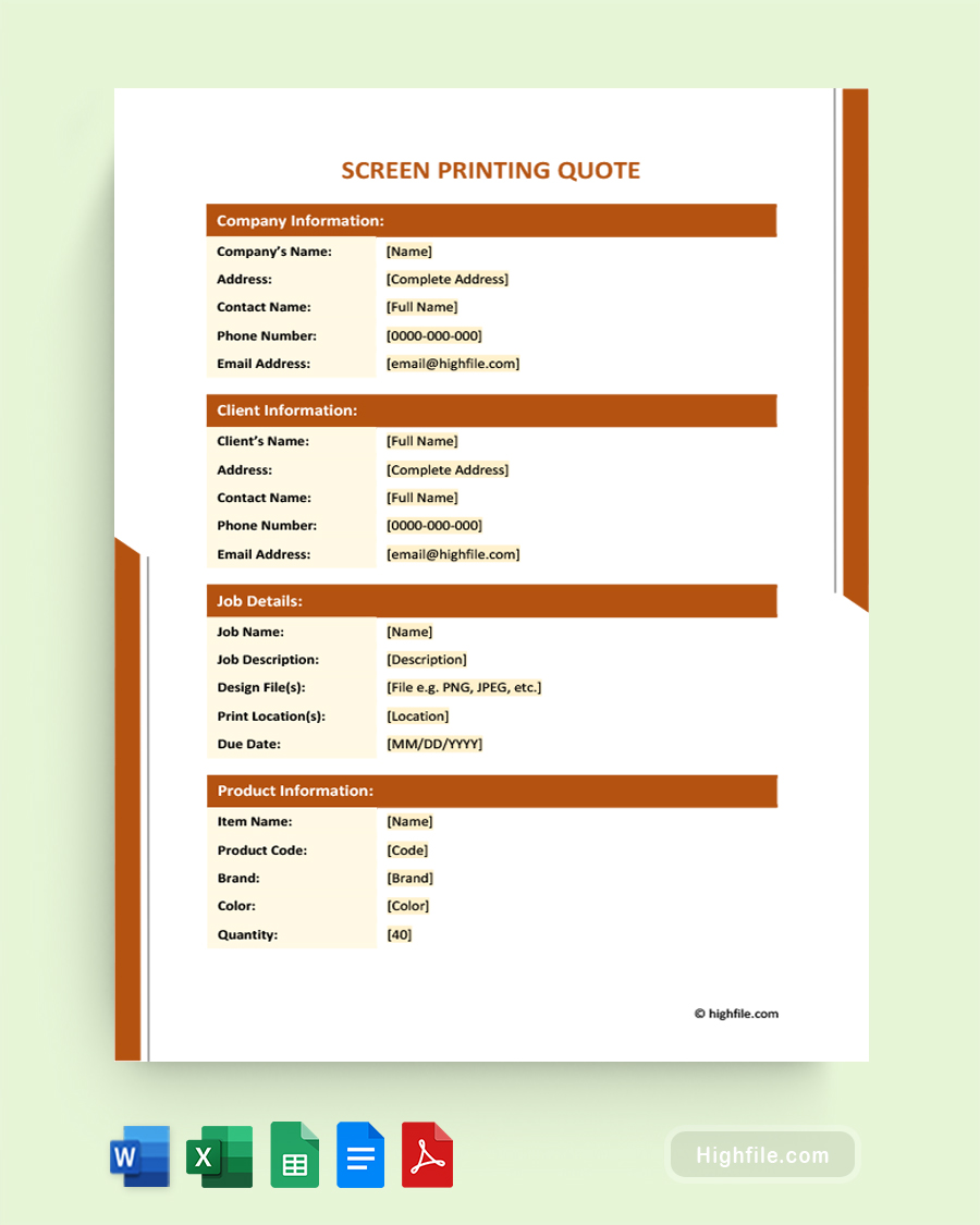 Screen Printing Quote Template - Word, Google Docs, Google Sheets, Excel, PDF