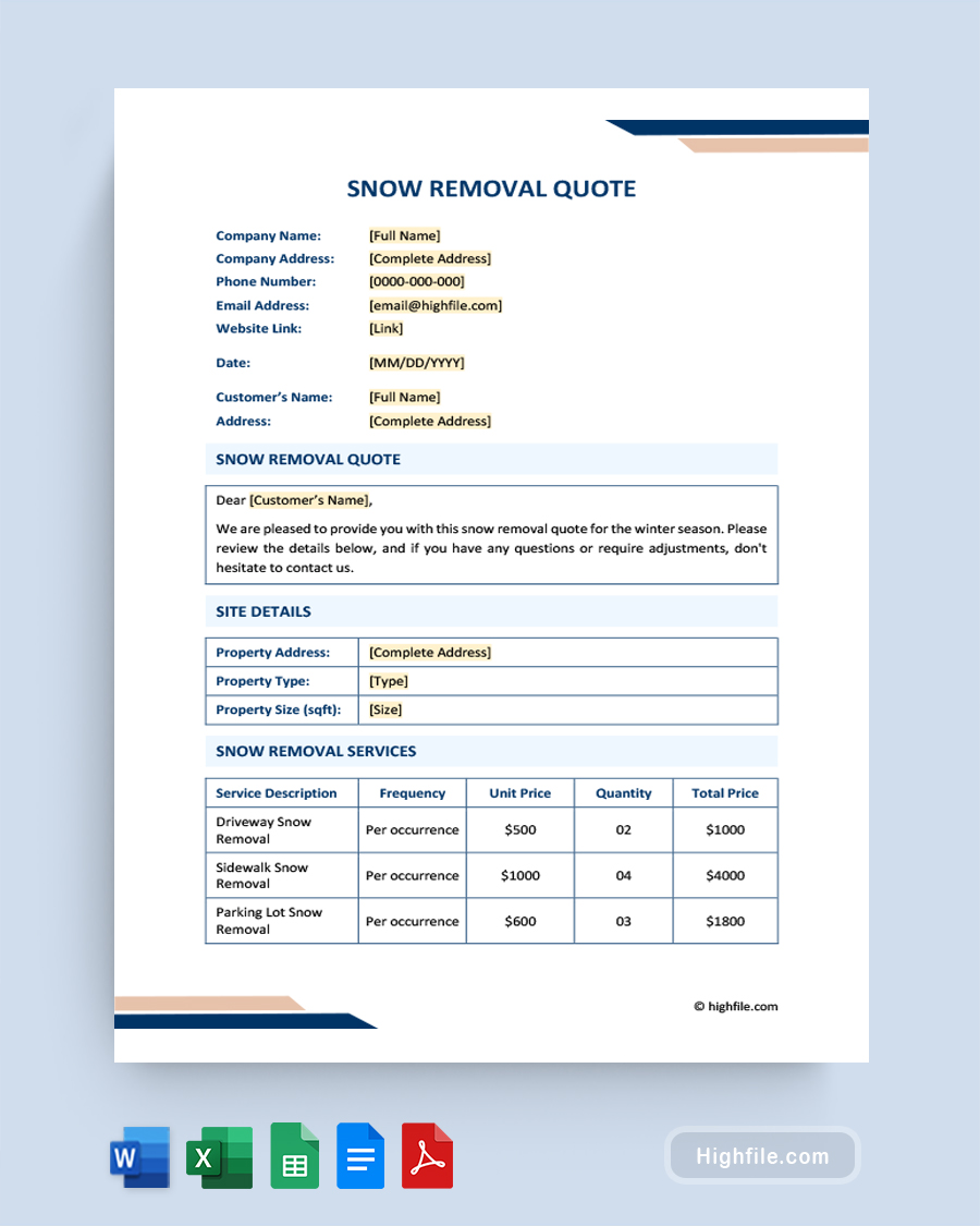 Snow Removal Quote Template - Word, Google Docs, Google Sheets, Excel, PDF