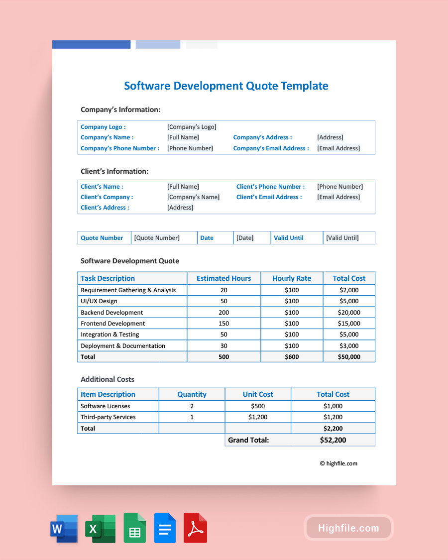 Software Development Quote Template - Word, PDF, Google Docs, Excel, Google Sheets