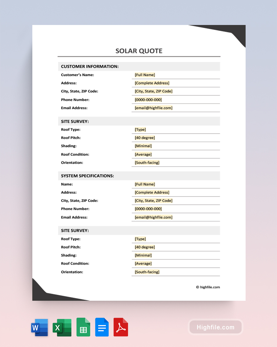 Solar Quote Template - Word, Google Docs, Google Sheets, Excel, PDF