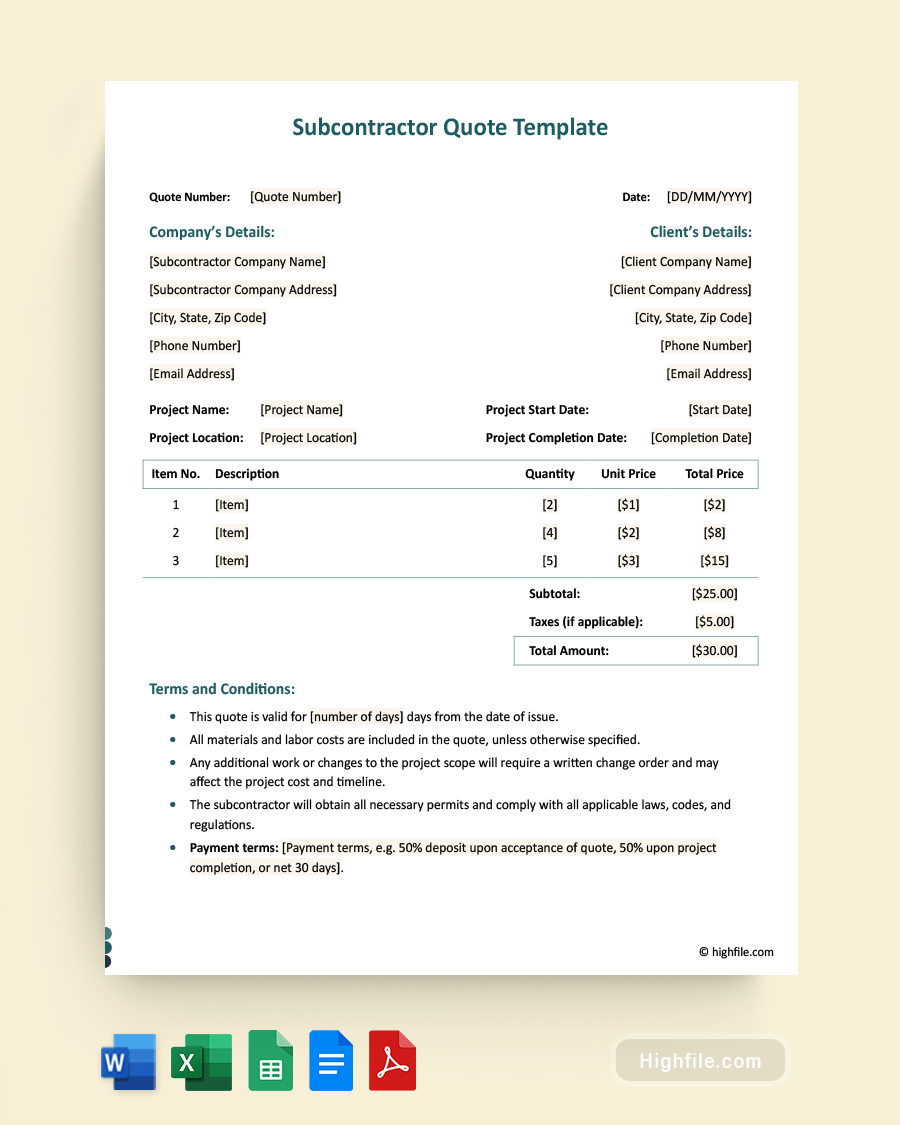 Subcontractor Quote Template - Word, PDF, Google Docs, Excel, Google Sheets
