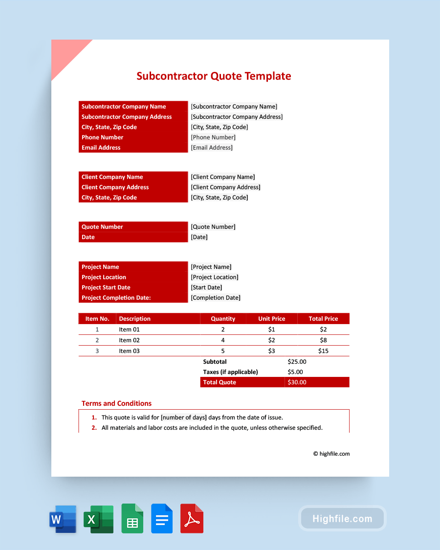 Subcontractor Quote Template - Word, PDF, Google Docs, Excel, Google Sheets