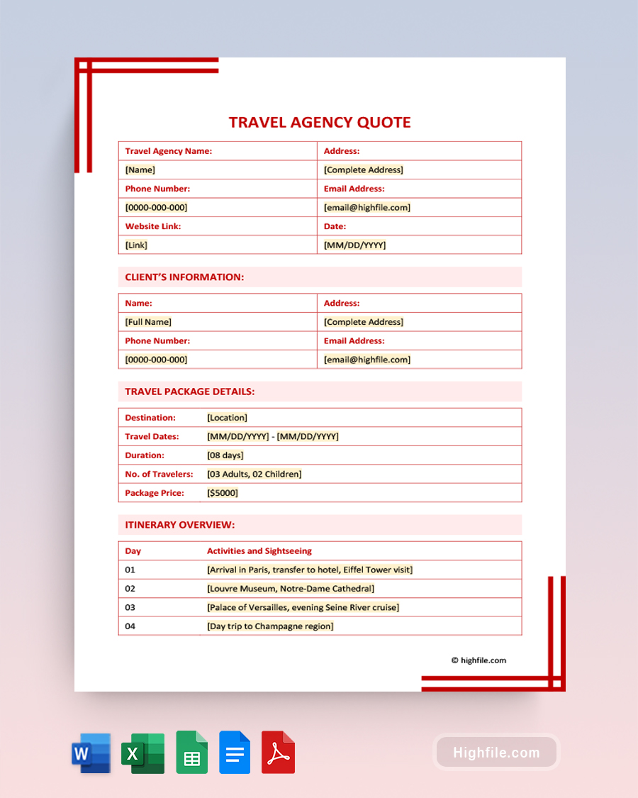 Travel Agency Quote Template - Word, Google Docs, Google Sheets, Excel, PDF