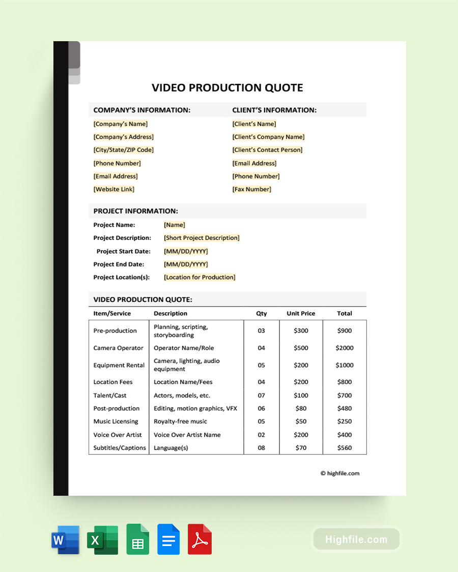 Video Production Quote Template - Word, Google Docs, Google Sheets, Excel, PDF