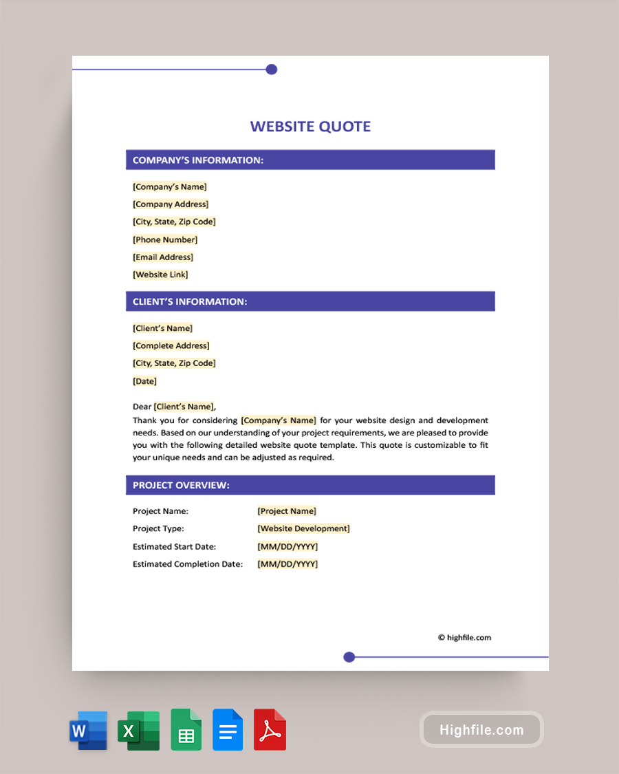 Website Quote Template - Word, Google Docs, Google Sheets, Excel, PDF