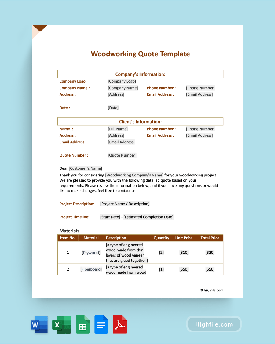 Woodworking Quote Template - Word, PDF, Google Docs, Excel, Google Sheets