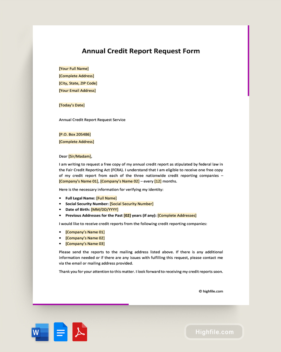 Annual Credit Report Request Form - Word, Google Docs, PDF