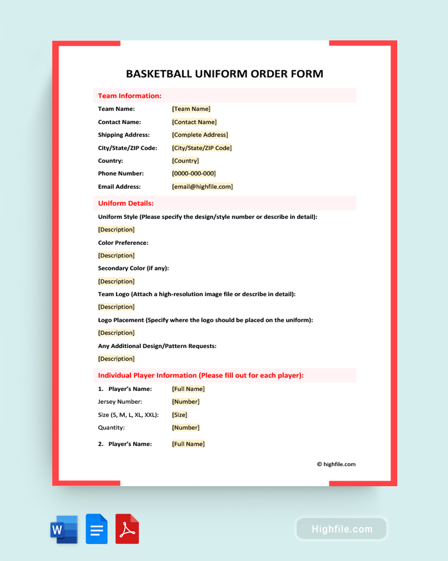 Basketball Uniform Order Form - Word, Google Docs, PDF
