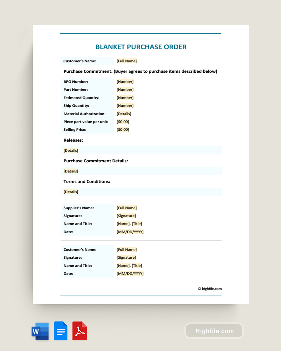 Blanket Purchase Order Template - Word, Google Docs, PDF
