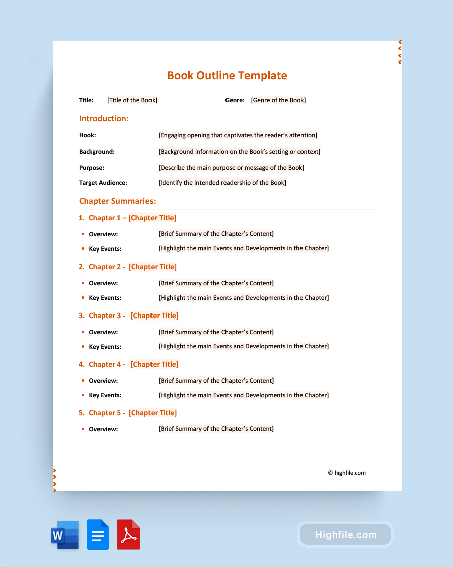 Book Outline Template - Word, PDF, Google Docs