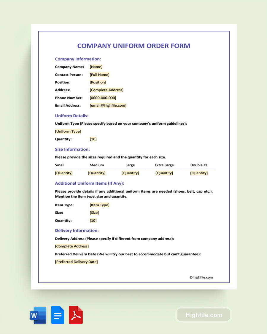 Company Uniform Order Form - Word, Google Docs, PDF