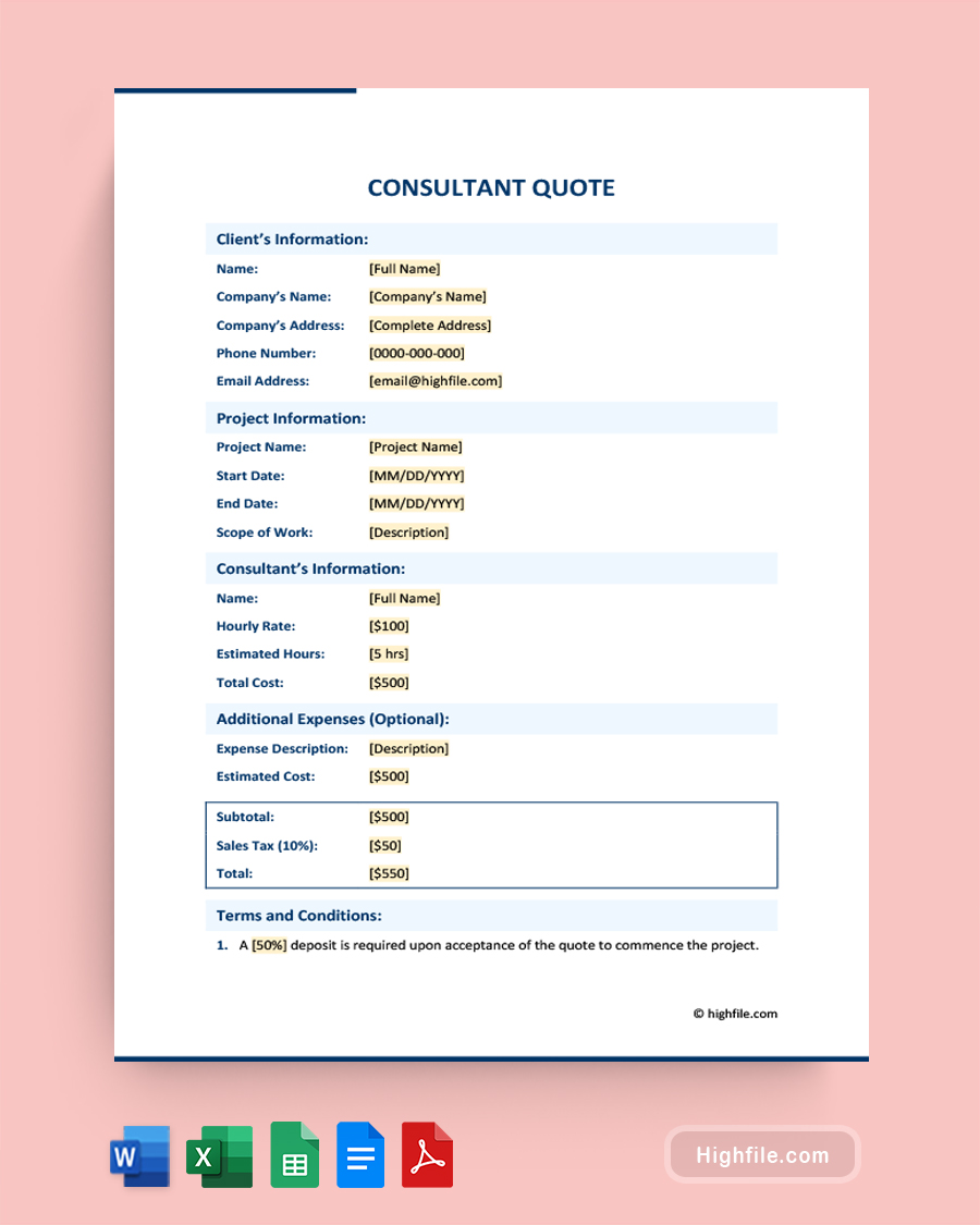 Consultant Quote Template - Word, Google Docs, Google Sheets, Excel, PDF