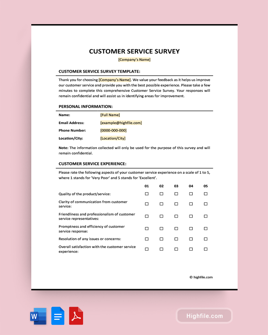 Customer Service Survey Template - Word, Google Docs, PDF