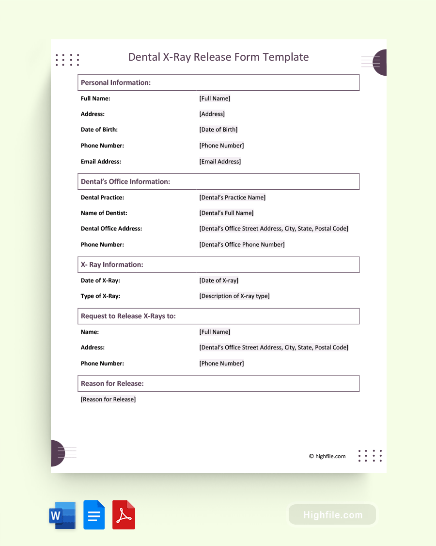 Dental X-Ray Release Form Template - Word, PDF, Google Docs