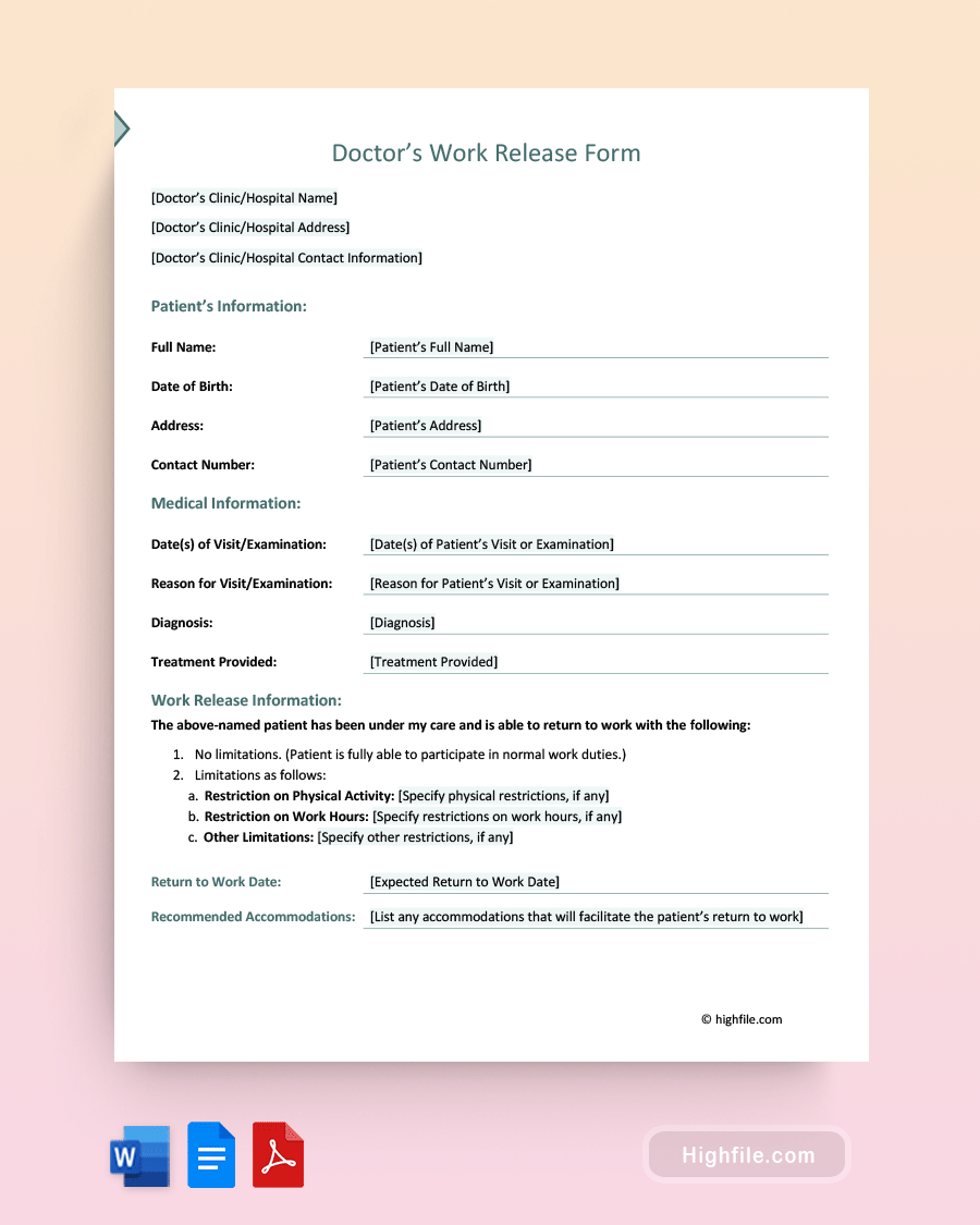 Doctor’s Work Release Form - Word, PDF, Google Docs